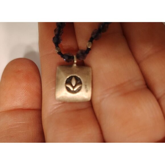 Satya .925 Sterling Silver Sapphire Beaded Necklace, Lotus Flower, 16", Dainty - Picture 4 of 5